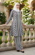 Model wearing Liyana 2.0 Kebarung Linen Black Stripe D3‑3 displaying overall styling and drape
