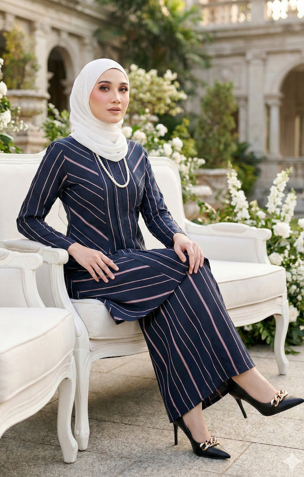 Fabric close-up Liyana 2.0 Kebarung Linen Blue Black Stripe D5-1 showing cotton linen texture and digital print