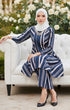 Stylish fabric close up Liyana 2.0 Kebarung Linen Blue Black Stripe showing cotton linen texture and digital print