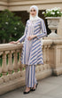 Model wearing Liyana 2.0 Kebarung Linen Dusty Blue White displaying overall drape and styling