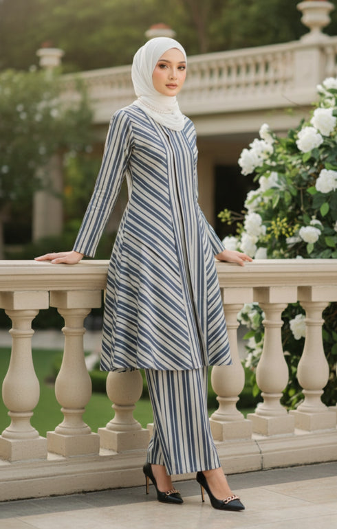 Model wearing Liyana 2.0 Kebarung Linen Navy Blue Stripe D3‑2 displaying overall styling and drape
