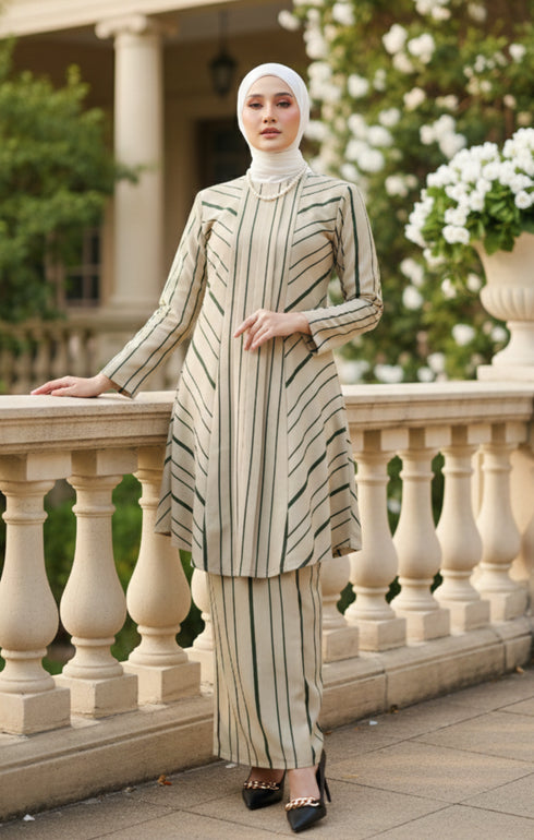 Model wearing Liyana 2.0 Kebarung Linen Nude Stripe D5-2
