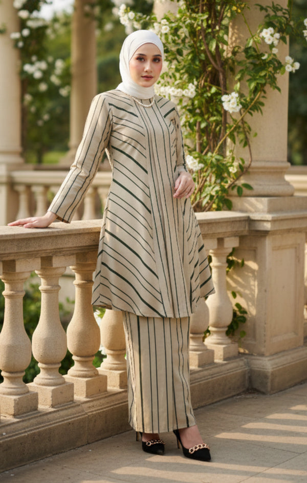 Model wearing Liyana 2.0 Kebarung Linen Nude Stripe D5-2 displaying overall drape and styling
