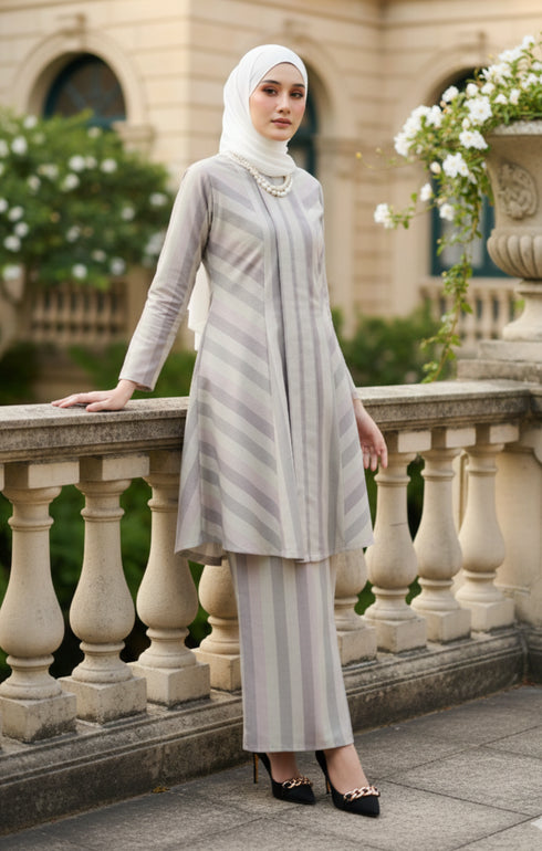 Model wearing Liyana 2.0 Kebarung Linen Smokey Pink Stripe displaying overall styling
