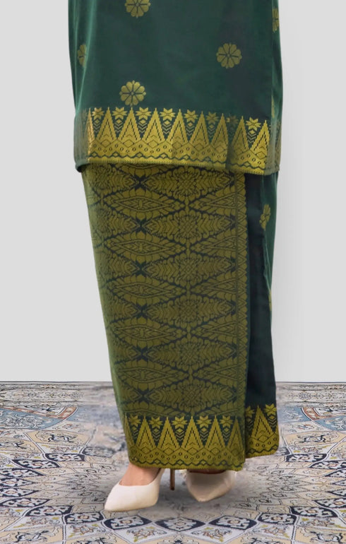 Riza 2.0 Kurung Moden Emerald Green Gold close-up detailing
