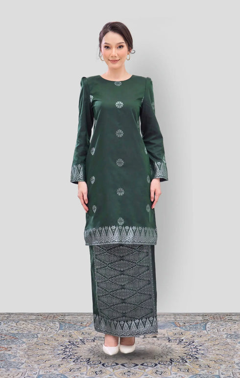 Riza 2.0 Kurung Moden Emerald Green Silver front view Full