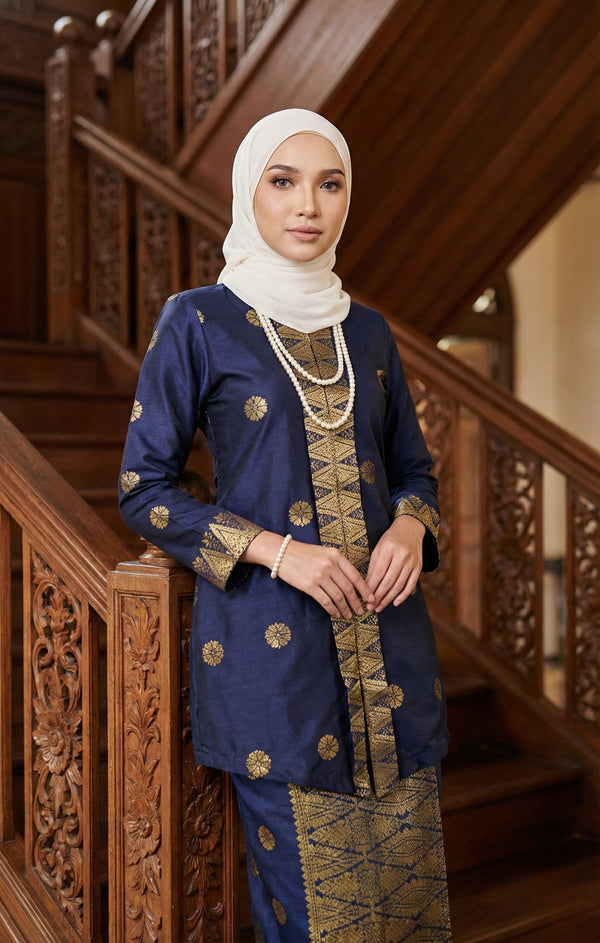 Front view Seroja Kebaya Blue Black Gold showing kebaya moden songket design and fit