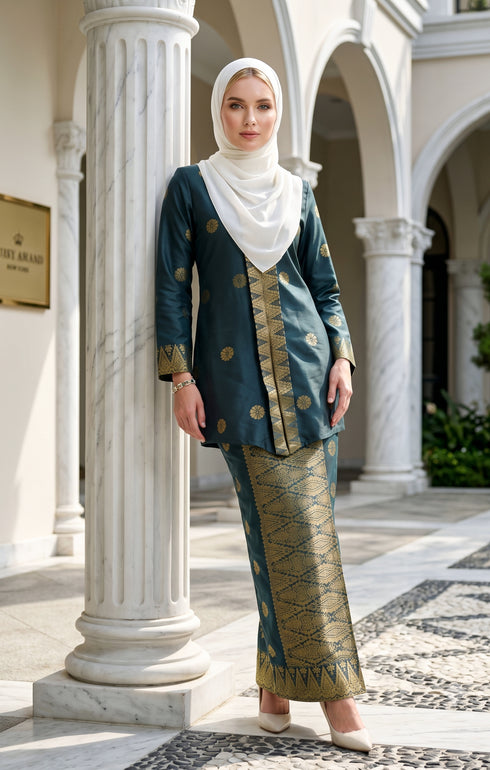 Front View Baju kebaya songket bunga tabur Dark Emerald Green Gold outfit