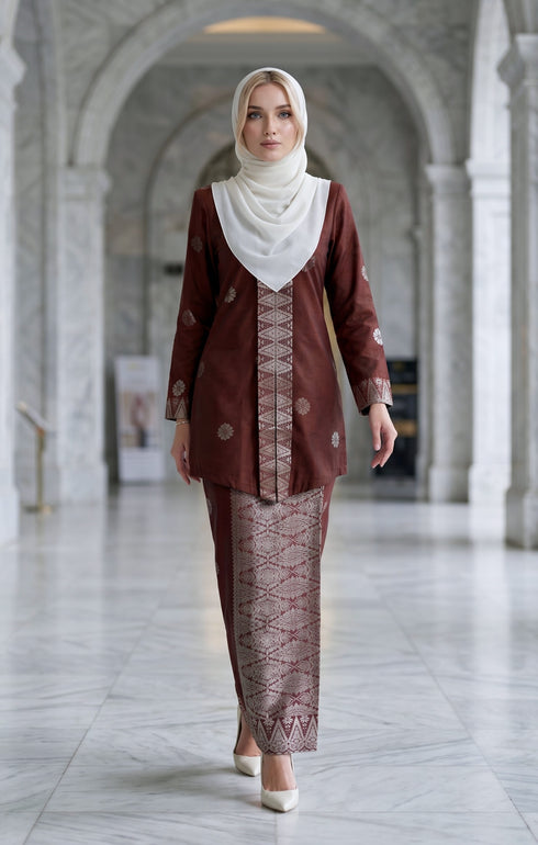 woman wearing Kebaya Kurung Moden Songket Dark Maroon Silver full outfit with kepala border kain