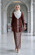 woman wearing Kebaya Kurung Moden Songket Dark Maroon Silver full outfit with kepala border kain
