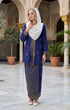 woman wearing Kebaya Kurung Moden Songket Dark Royal Blue Gold full outfit with songket kepala border kain