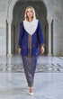 woman wearing Kebaya Kurung Moden Songket Dark Royal Blue Gold front view with V neck design