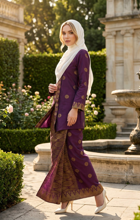 model wearing Kebaya Kurung Moden Songket Dark Magenta Gold angled side view showing elegant silhouette