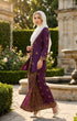 model wearing Kebaya Kurung Moden Songket Dark Magenta Gold angled side view showing elegant silhouette