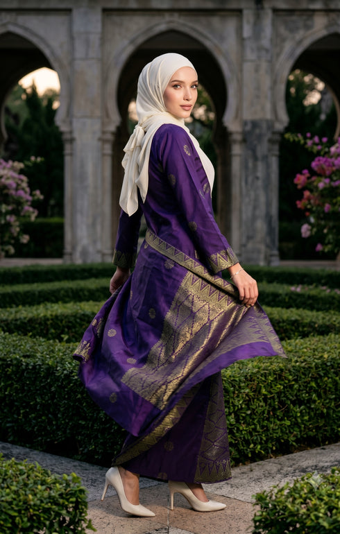 Woman in a purple Gold Baju kebaya songket bunga tabur walking through an architectural garden.