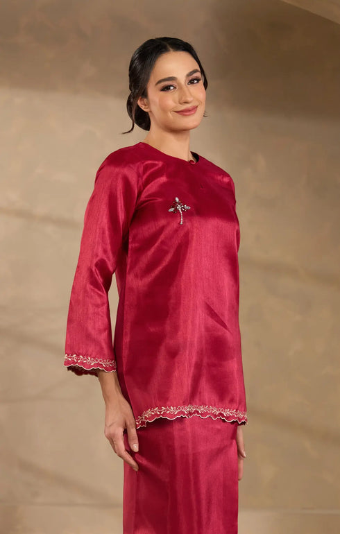 Maroon Kurung Kedah fabric close-up