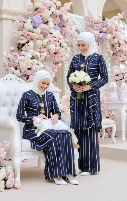 Model wearing Liyana 2.0 Kebarung Linen Blue Black Stripe D5-1 displaying overall drape and styling