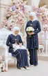 Model wearing Liyana 2.0 Kebarung Linen Blue Black Stripe D5-1 displaying overall drape and styling