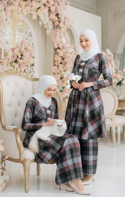 Model wearing Aruna Kebarung Linen Magenta Check D6-1 highlighting sleeve and standard fit