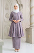 Front view Aruna Kebarung Linen Smokey Purple Check D4‑2 showing kebarung design and fit