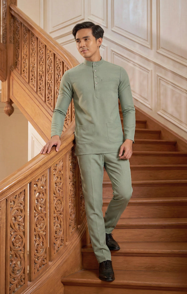 Naufal Baju Melayu Cekak Musang Dusty Green front view showing band collar and button detail