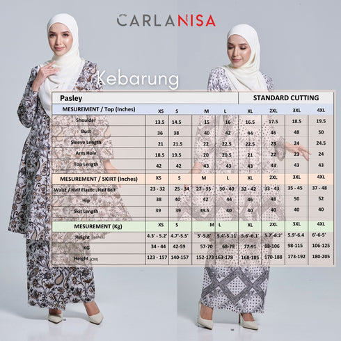 kebarung klasik printed size chart