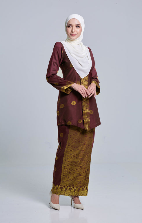 Side view Seroja Kebaya Dark Maroon Gold highlighting long straight sleeve and silhouette