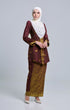 Side view Seroja Kebaya Dark Maroon Gold highlighting long straight sleeve and silhouette