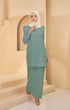 Kurung Moden Plain Dusty Green styling shot showing long straight sleeves on model
