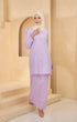 Kurung Moden Plain Dusty Purple front view on model showing round neck and puff shoulder