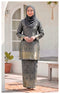 woman wearing Kurung Moden Grey brocade front view round neck design