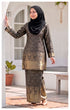 woman wearing Kurung Moden Black brocade front view round neck design in an outdoor setting.