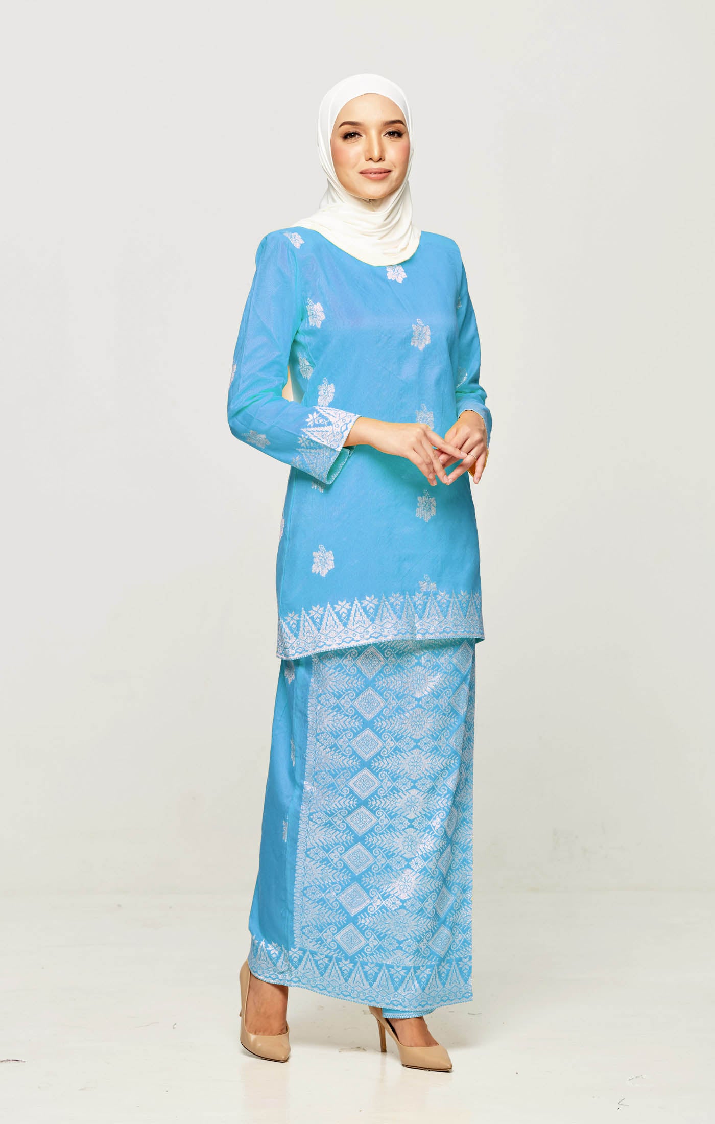 Raya Kurung Moden Songket | Ice Blue Silver