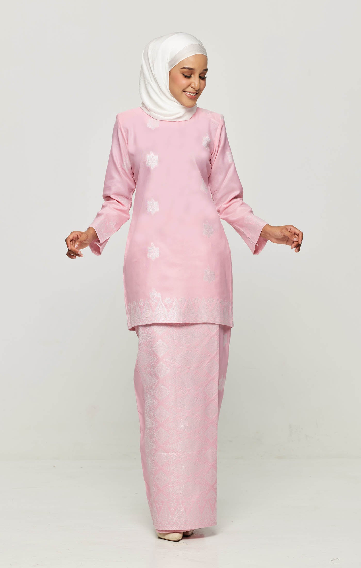 Raya Kurung Moden Songket | Baby Pink Silver