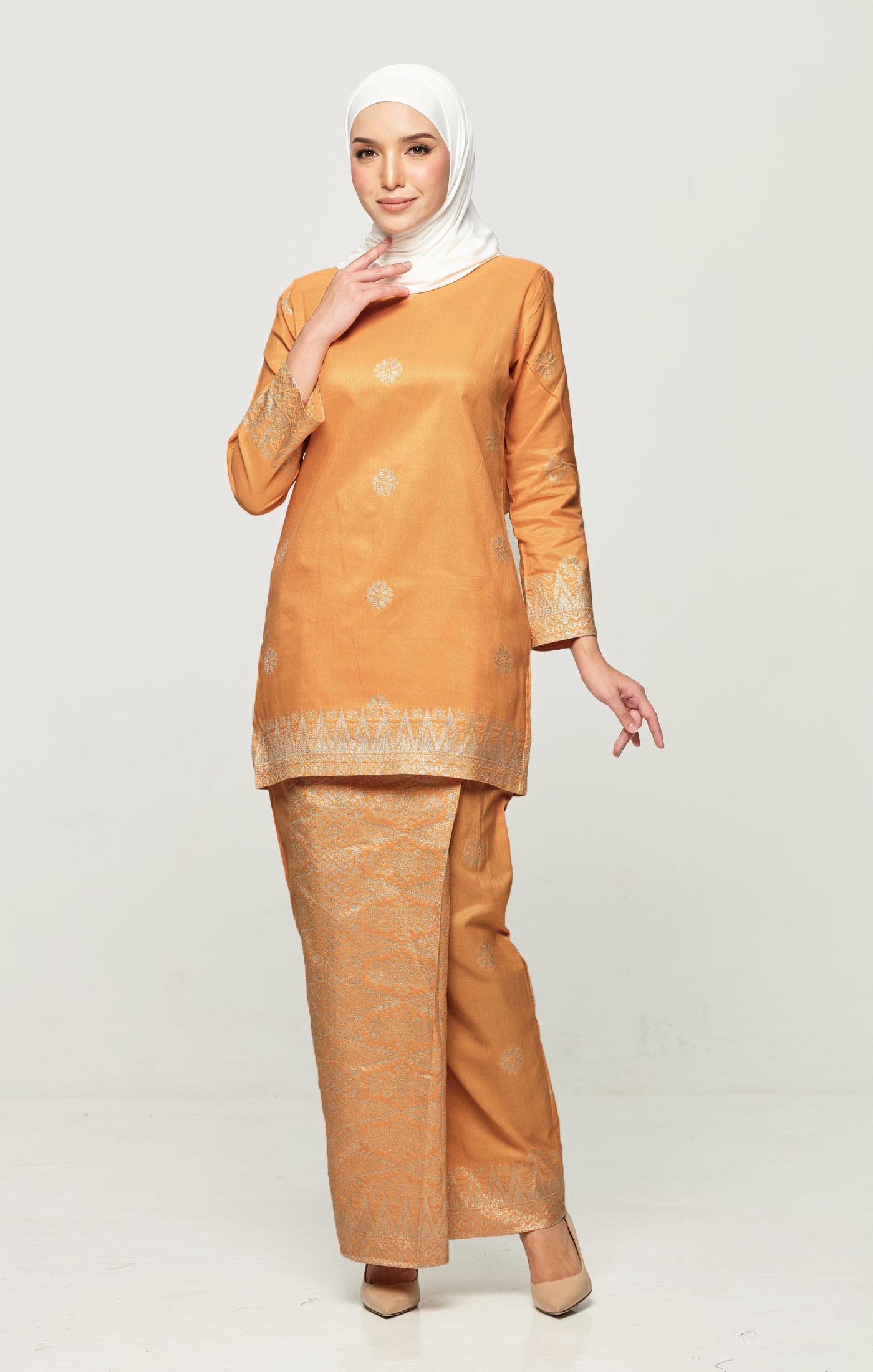 Riza Kurung Moden Mustard Silver – Carlanisa