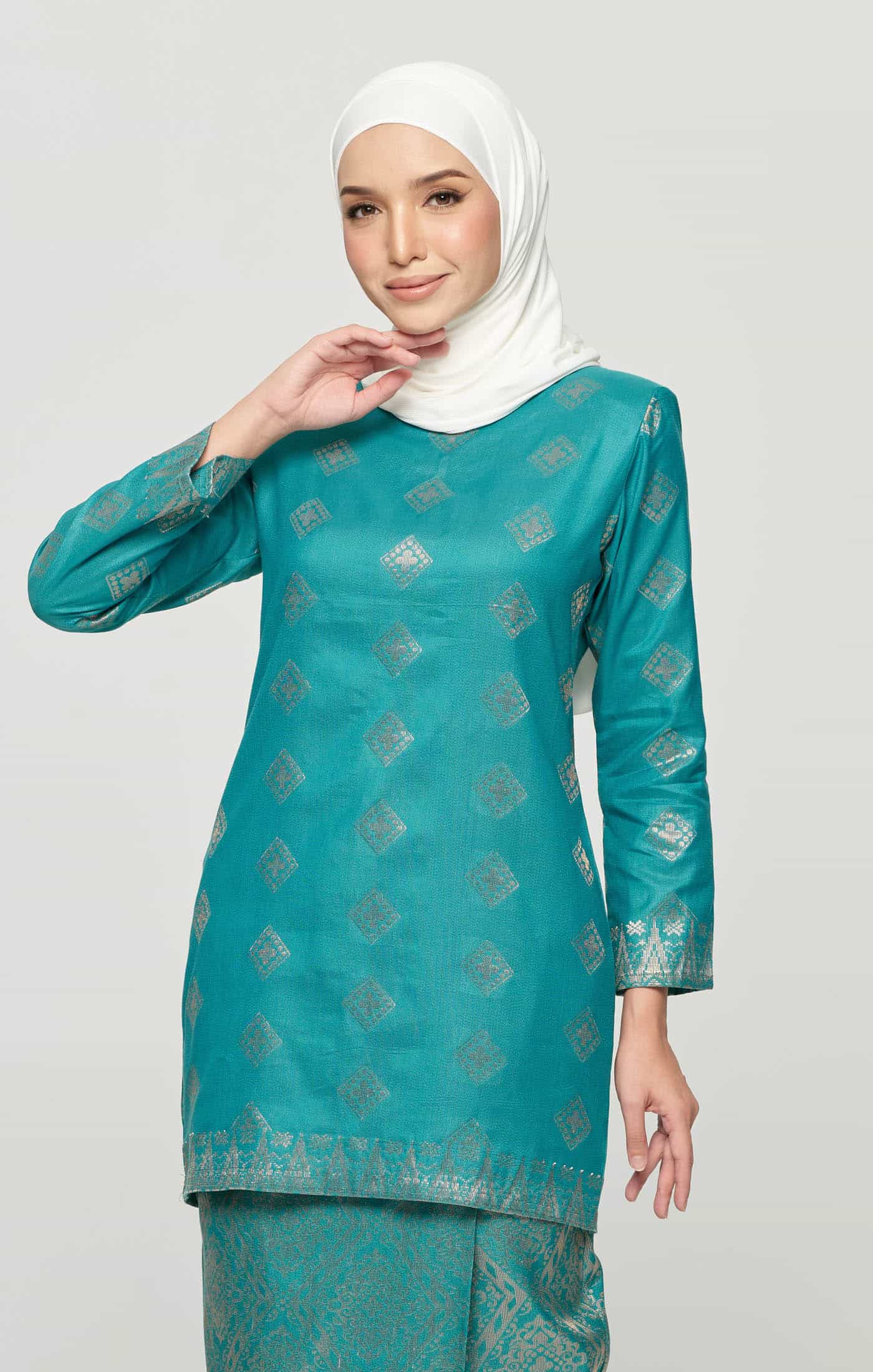 Leeza Kurung Moden Songket | Green Turquoise Gold