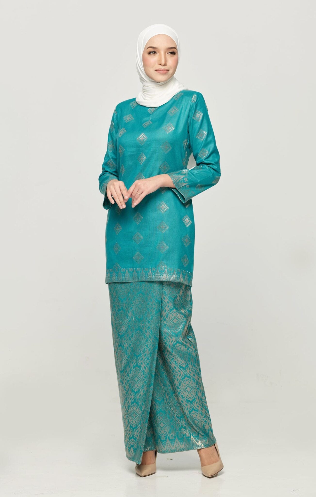 Leeza Kurung Moden Songket | Green Turquoise Gold