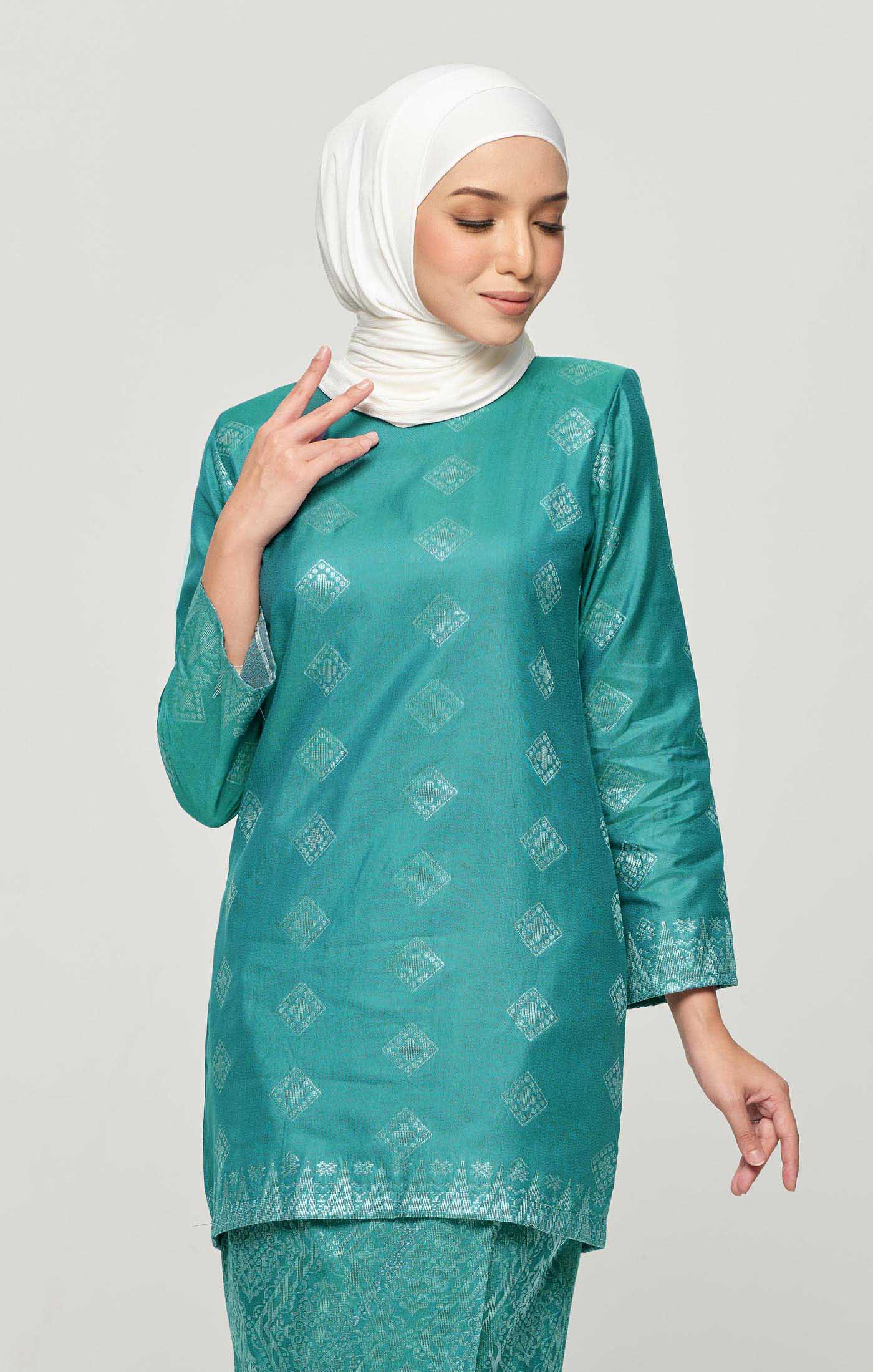 Leeza Kurung Moden Songket | Green Turquoise Silver