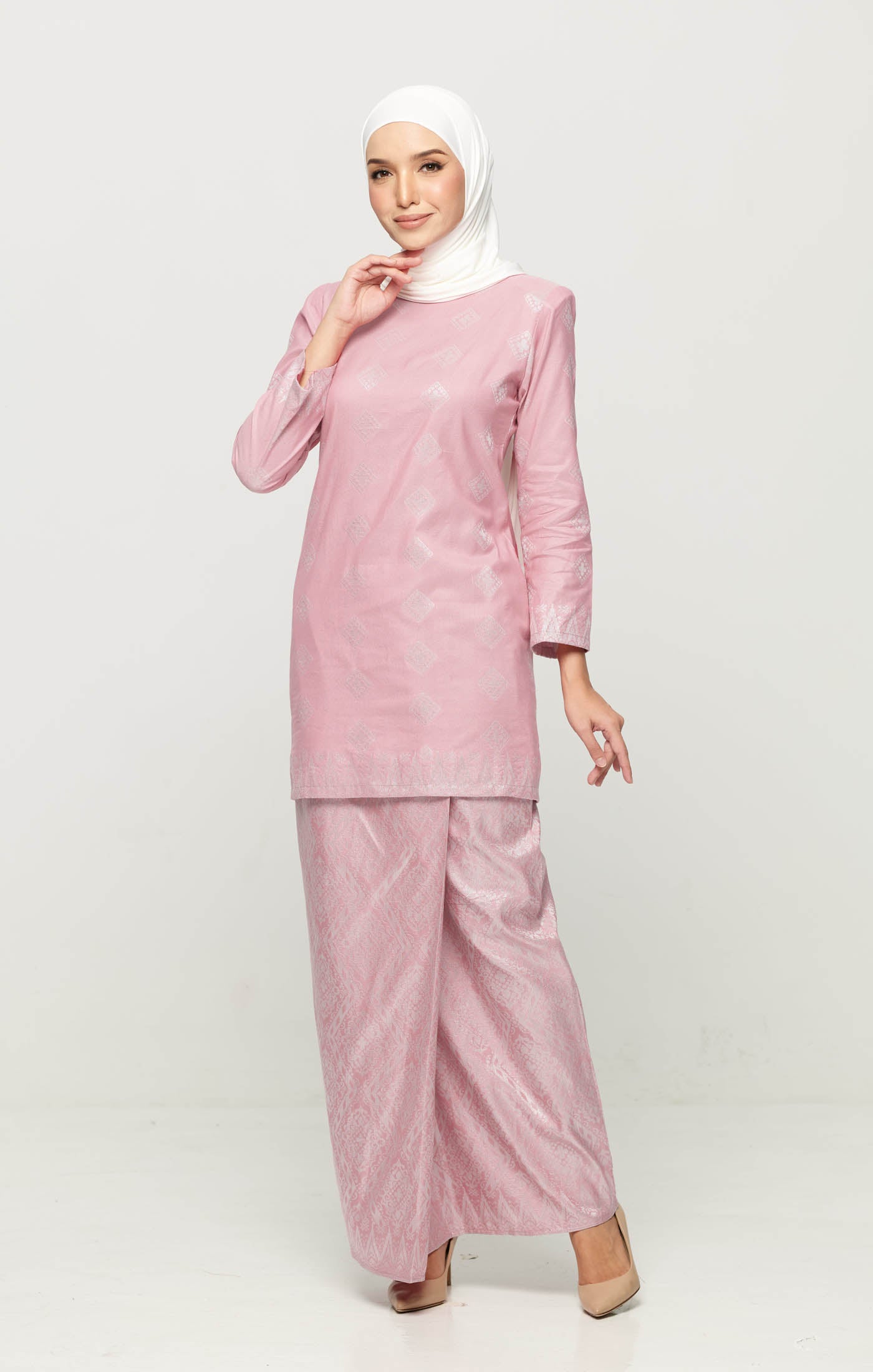 Leeza Kurung Moden Songket | Light Pink Silver