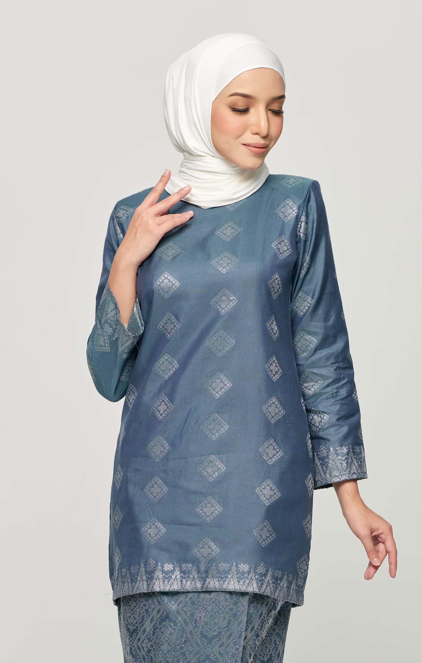 Leeza Kurung Moden Songket | Smokey Blue Silver