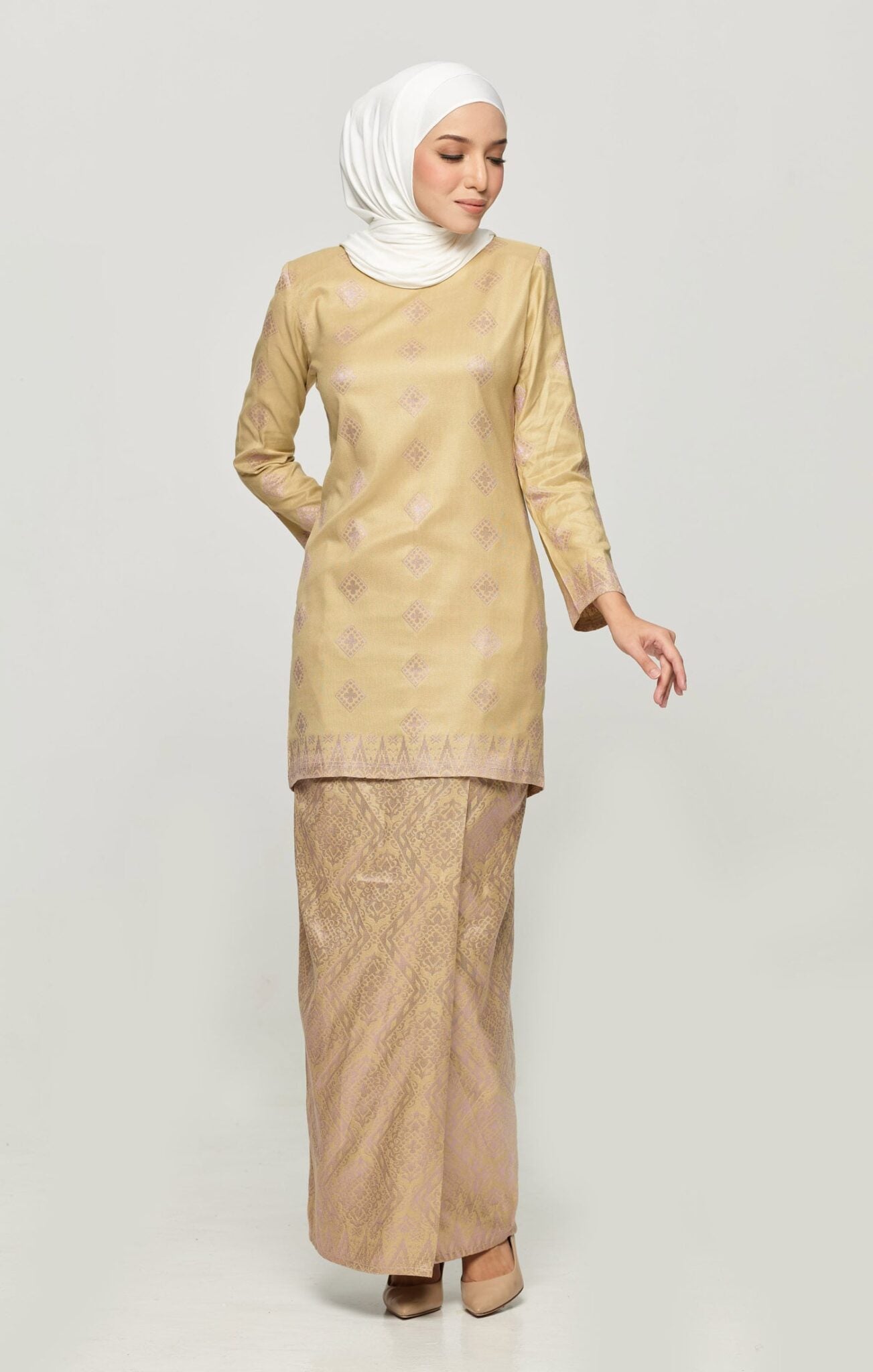 Leeza Kurung Moden Songket | Khaki Pink