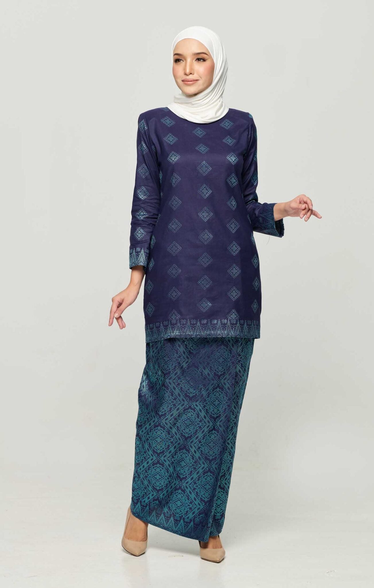 Leeza Kurung Moden Songket | Navy Blue Turquoise