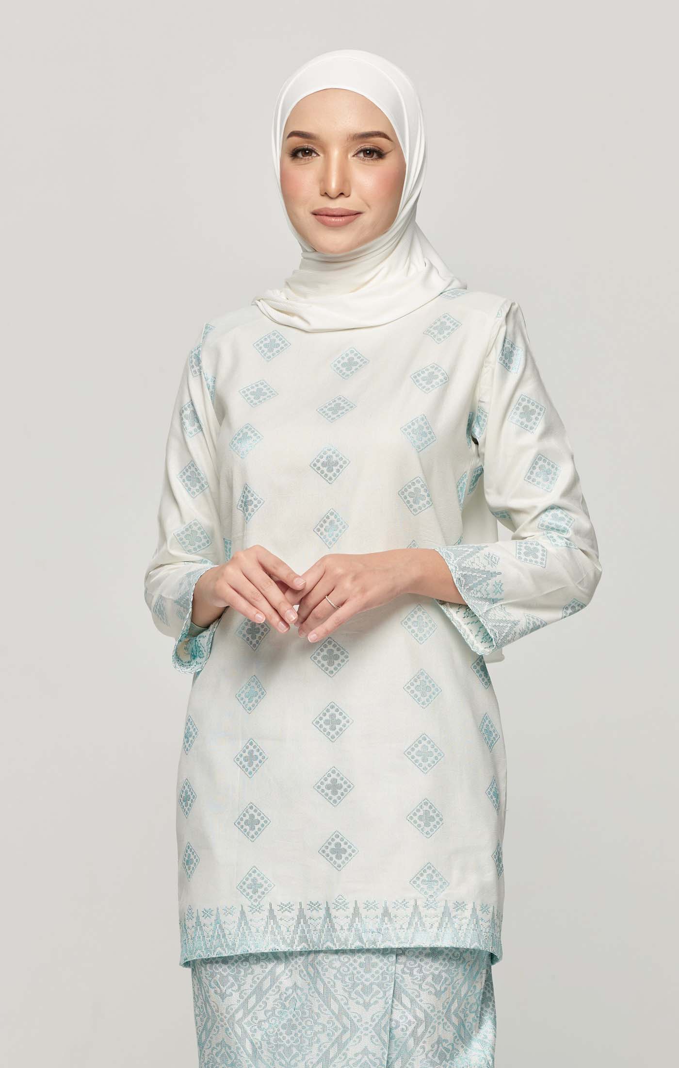 Leeza Kurung Moden Songket | White Blue