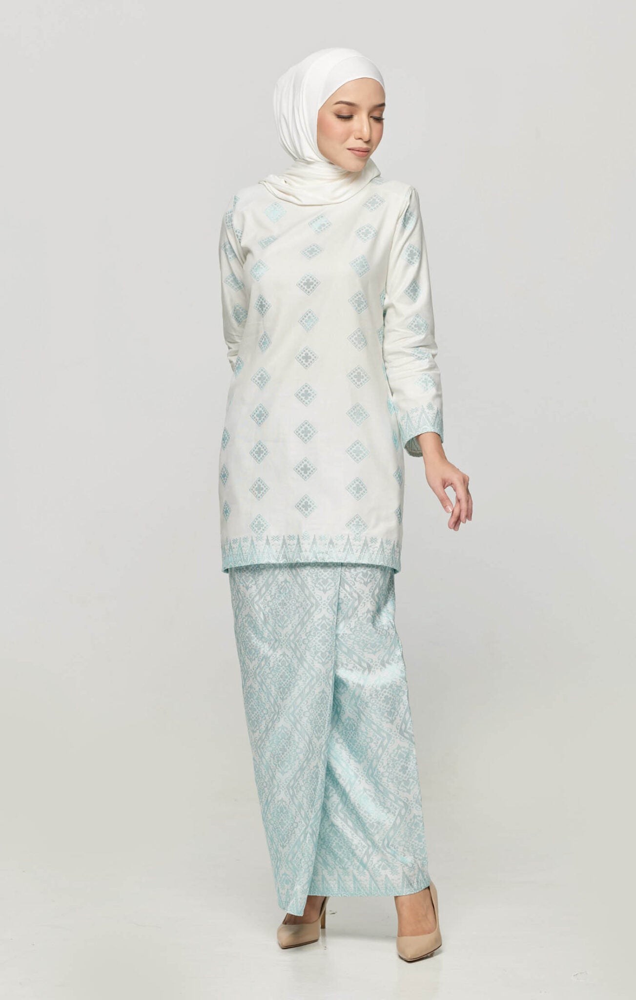 Leeza Kurung Moden Songket | White Blue