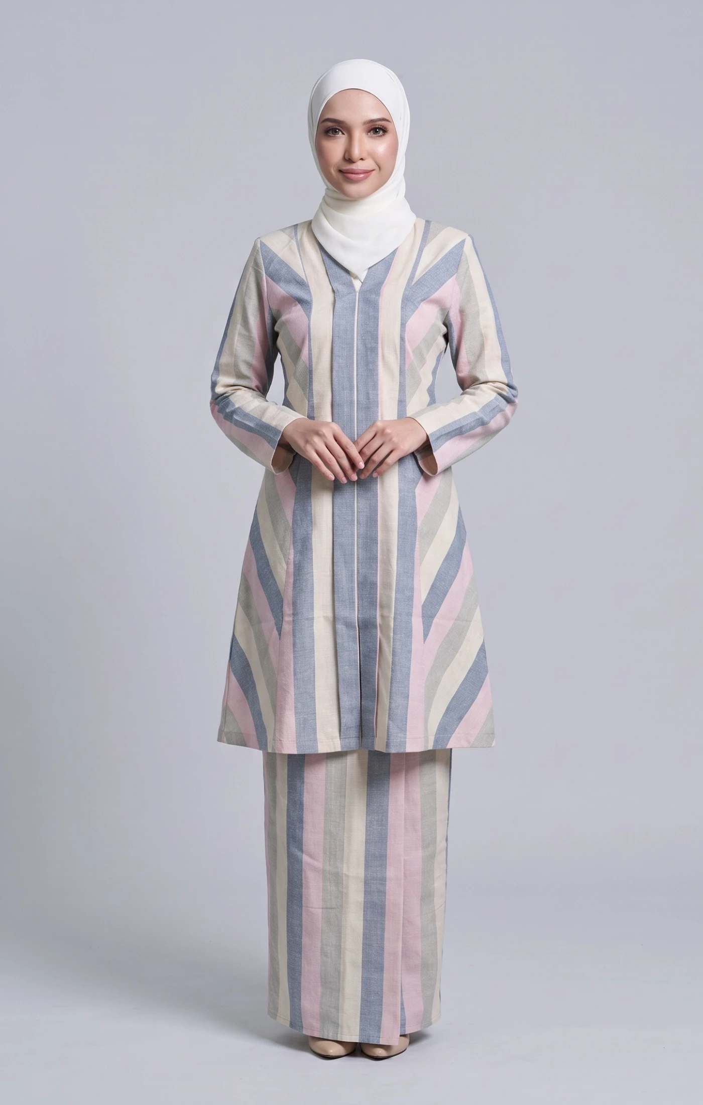 Ryma Baju Kebarung Stripe Cotton Linen | Champaigne Pink Blue