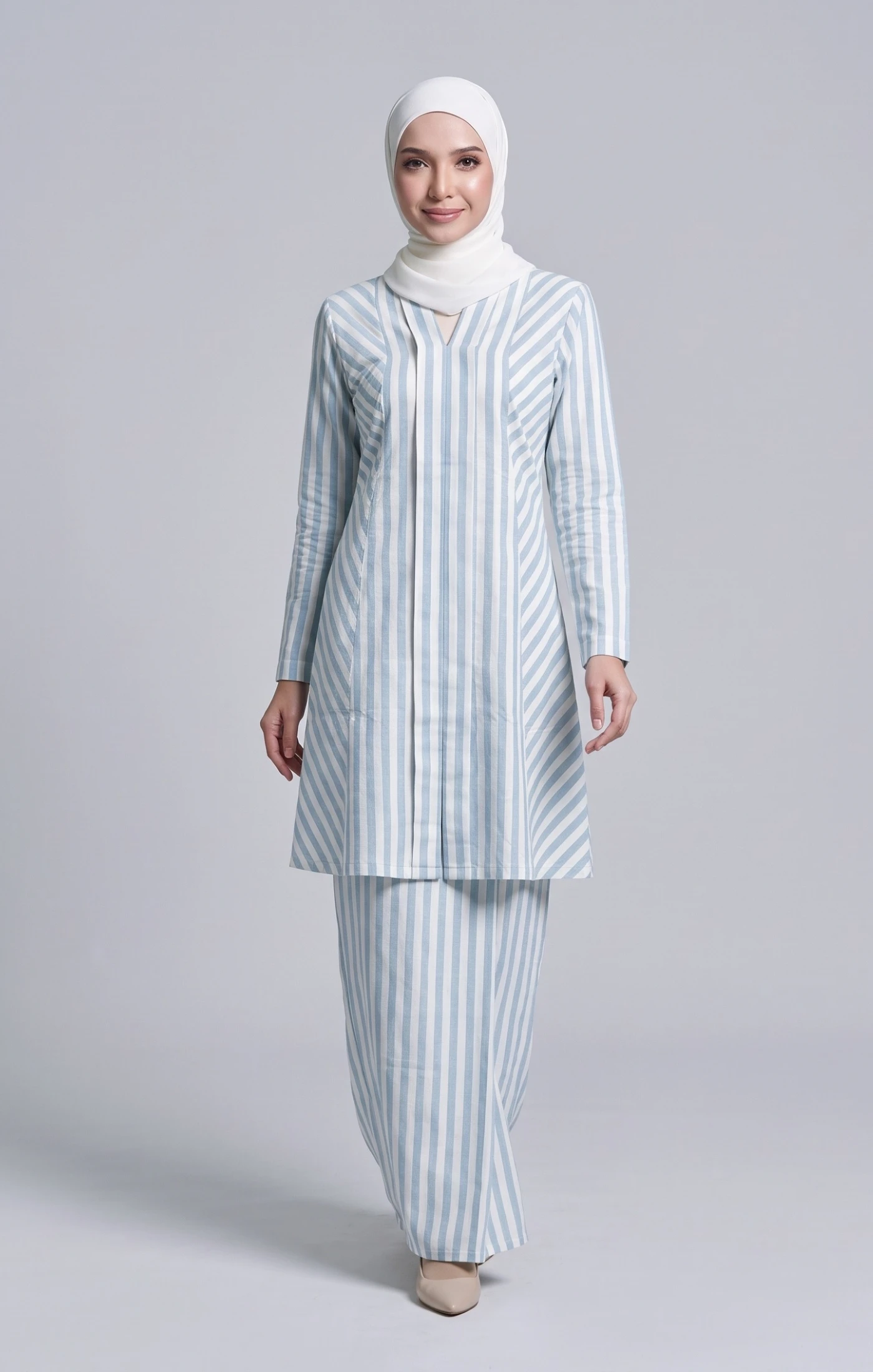 Ryma Baju Kebarung Stripe Cotton Linen | Denim Blue