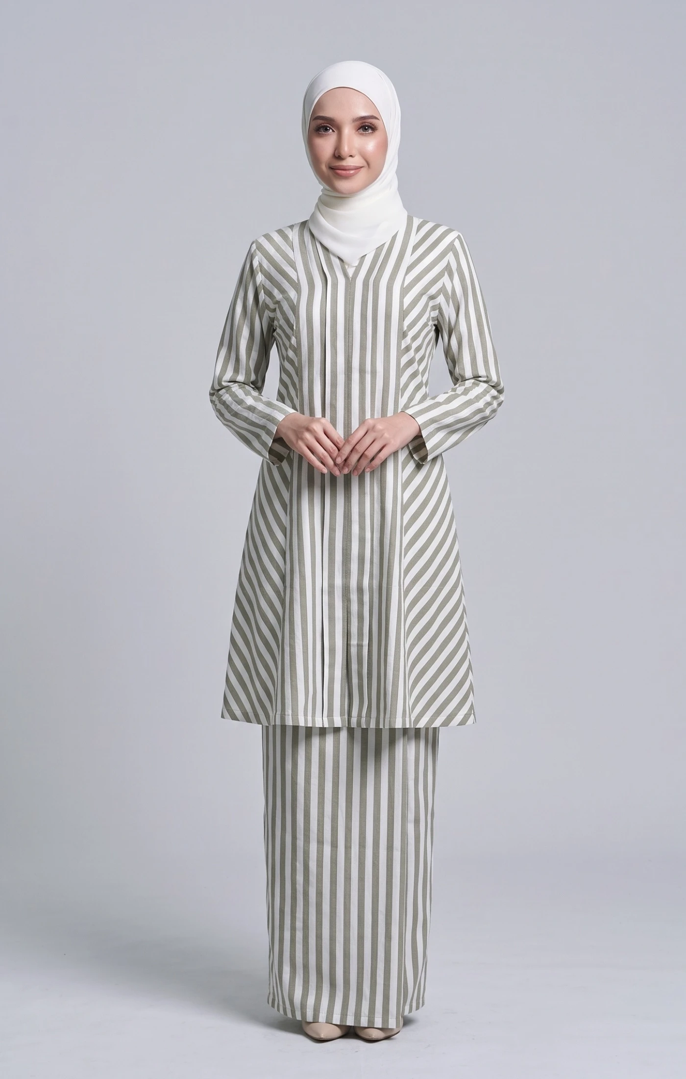 Ryma Baju Kebarung Stripe Cotton Linen | Dusty Olive Green