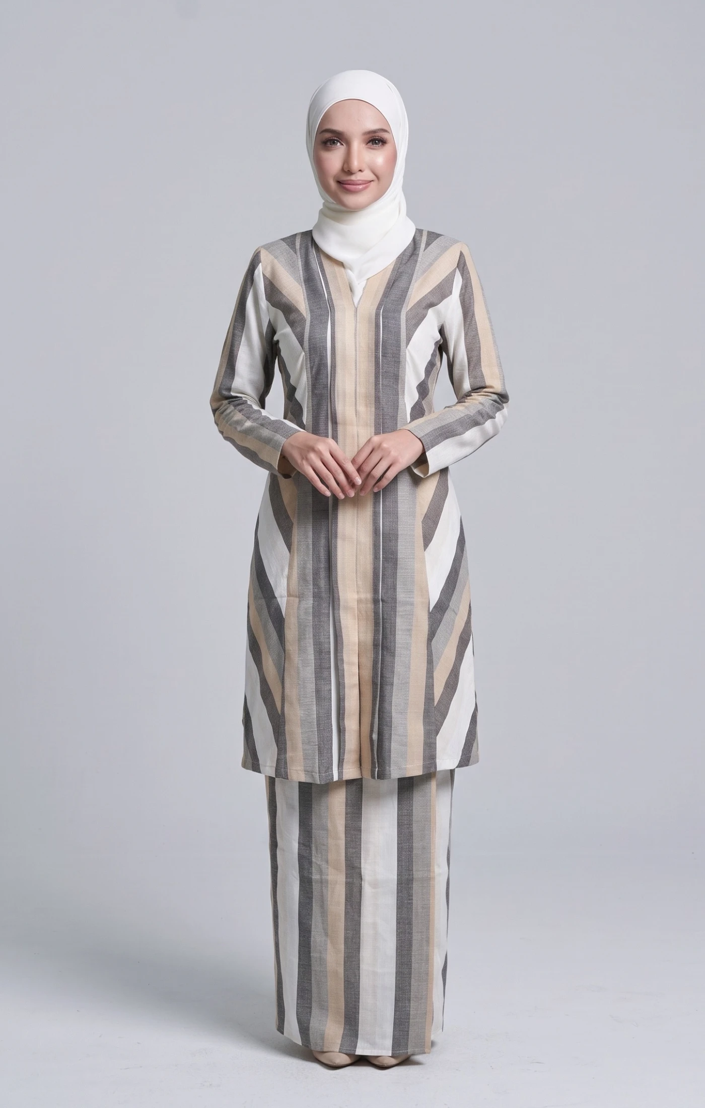 Ryma Baju Kebarung Stripe Cotton Linen | Nude Grey