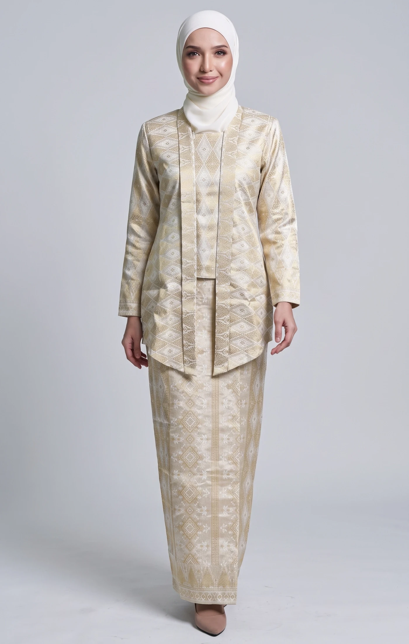 TUN TEJA BAJU KEBAYA KUTUBARU BROCADE | WHITE GOLD