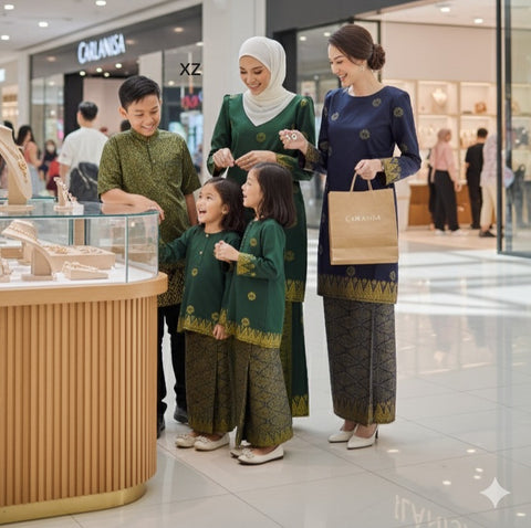 Family wearing matching Baju Raya 2026 collection in coordinated colors